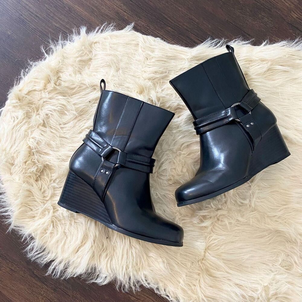 Torrid Black Harness Wedge Bootie / Mid Calf Biker Grunge Boots US 7.5 WW Wide